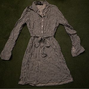 Forever 21 Black And White Striped Belted Long Sleeve Shirt Dress - Size Small